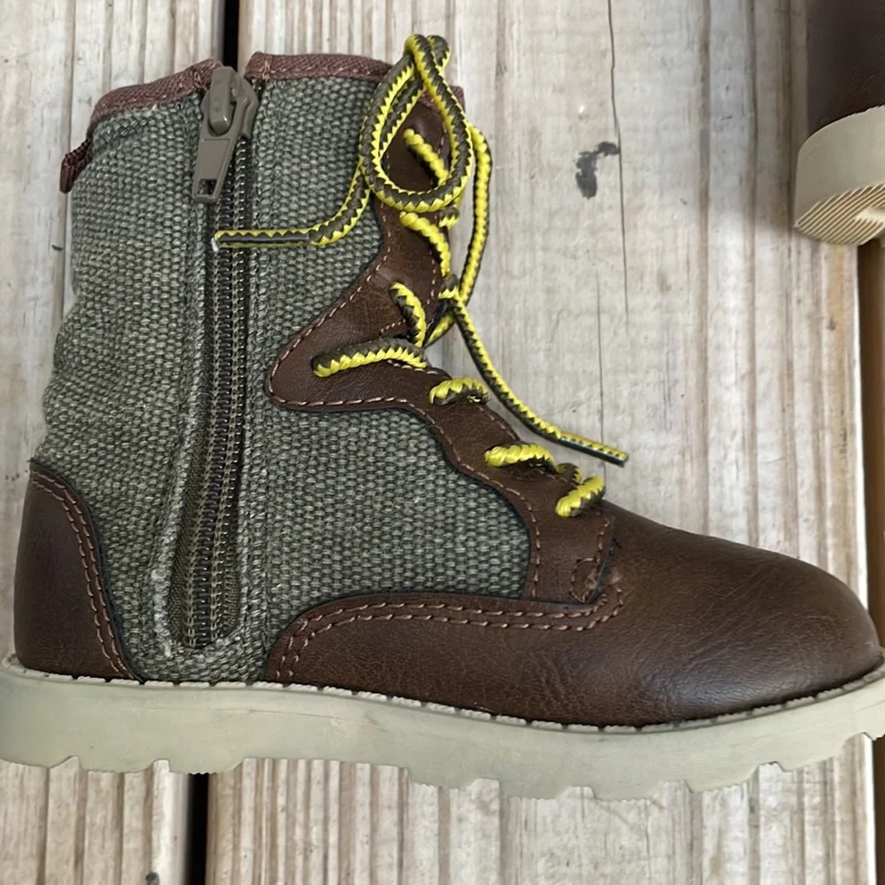 Carter’s Toddler Boys Lace-Up Boots Brown/Olive Size 6 Side Zip EUC